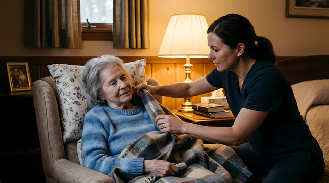A caring nurse assists an elderly woman by tucking a cozy blanket around her while she sits comfortably in an armchair inside her warm residence during a quiet moment of professional home