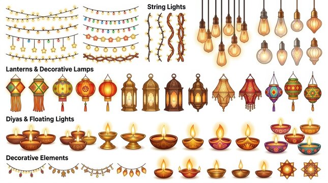Collection of watercolor illustrations featuring various decorative hanging lights lanterns traditional oil lamps and festive string lighting elements
