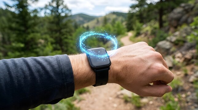 Person wearing smartwatch with digital interface hologram in nature