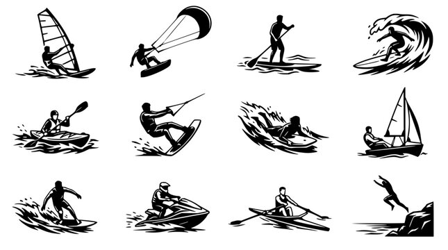 Water sports set with silhouette figures featuring windsurfing, kitesurfing, surfing with paddle, kayak and sailboat