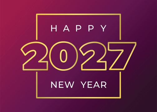 Happy New Year 2027 horizontal card template. Golden outline numbers on purple gradient background.