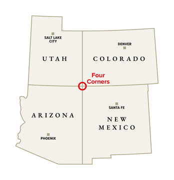 The Four Corners, a region of the Southwestern United States, political map. The only place in the USA where four states meet at a single point - Arizona, Colorado, New Mexico, and Utah. Vector