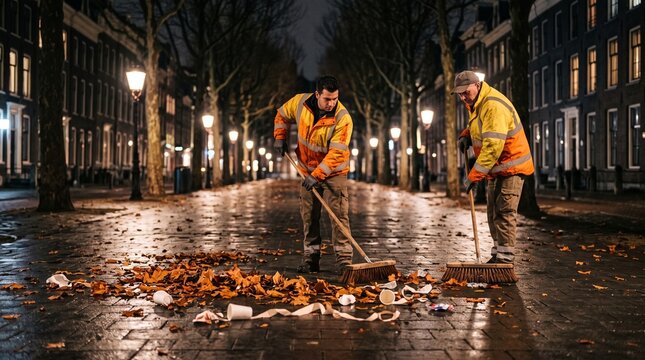 Sanitation crew clears autumn leaves after night event