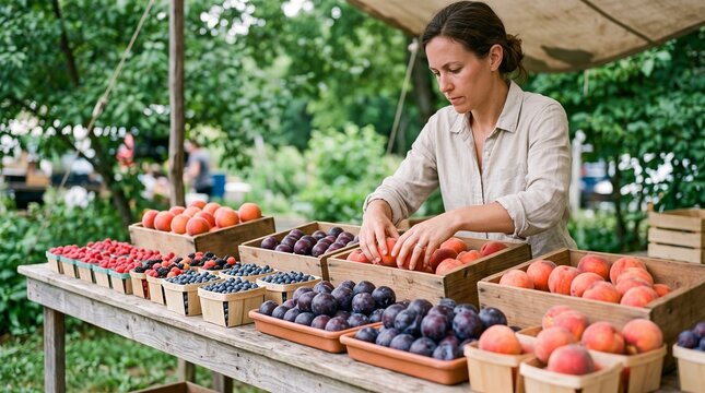 Market worker arranges fruit at an open air farmstand