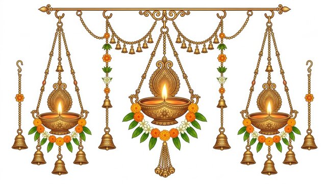 Traditional indian hanging brass oil lamps with decorative bells and leaves for diwali festival decoration on white background