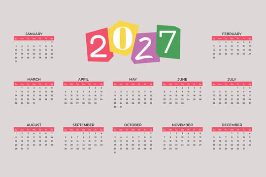 2027 annual wall calendar template with colorful paper cutout numbers. Horizontal modern collage style calendar.
