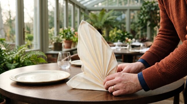 Hands sculpt a fan fold for private dining service