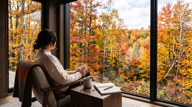 Femme se relaxant pr&egrave;s d'une grande fen&ecirc;tre face &agrave; une for&ecirc;t automnale