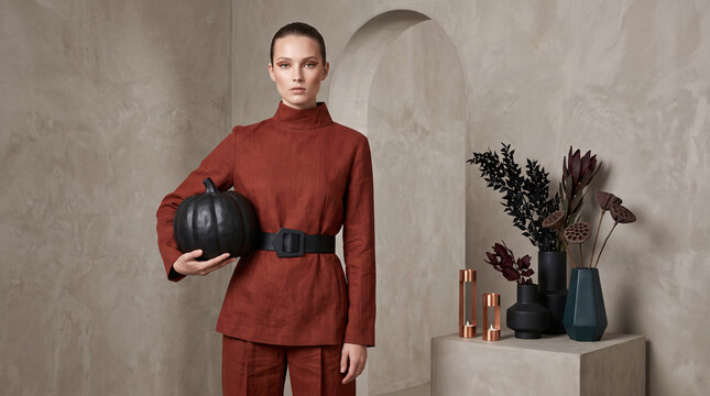 Mannequin en tenue rouge brique tenant une citrouille noire