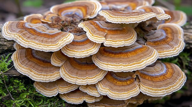 Colorful turkey tail mushroom bracket fungi growing on tree stump in forest