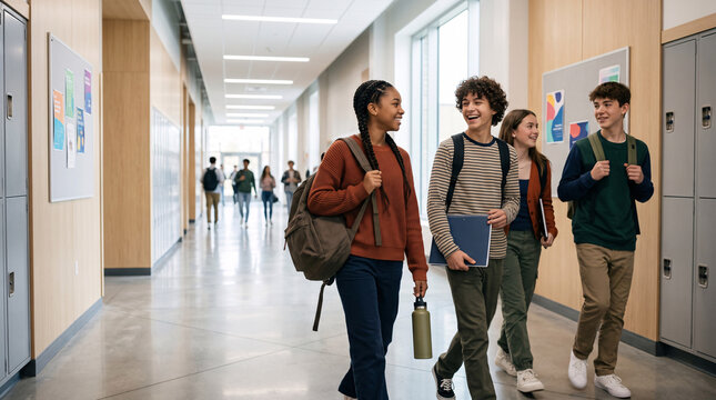 Groupe d'&eacute;l&egrave;ves discutant dans le couloir d'un lyc&eacute;e moderne