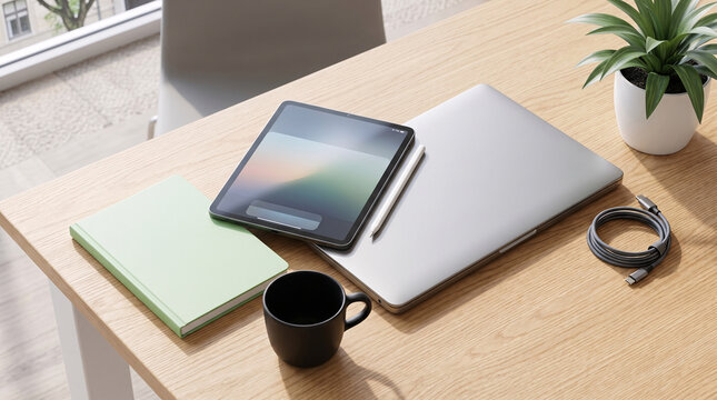 Bureau minimaliste avec ordinateur portable, tablette, casque et carnet