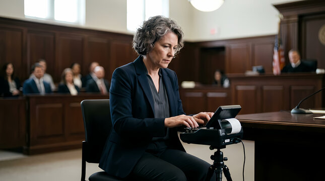 A dedicated professional court reporter uses a stenotype machine to record legal proceedings during a formal session inside a solemn courtroom setting while the judge and jury watch the session