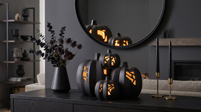 Citrouilles noires lumineuses dans une d&eacute;coration d'Halloween moderne