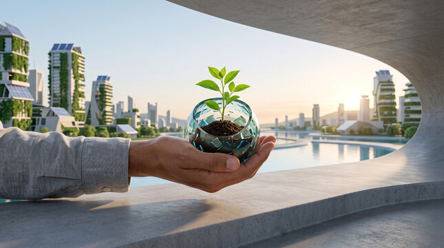 Main tenant un globe v&eacute;g&eacute;tal devant une ville durable futuriste
