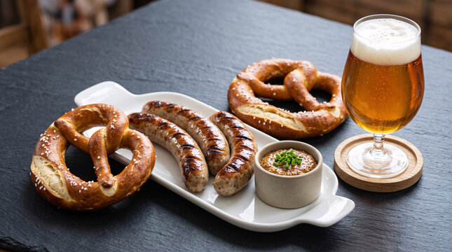Saucisses bavaroises, bretzels et bi&egrave;re servis pour l'Oktoberfest