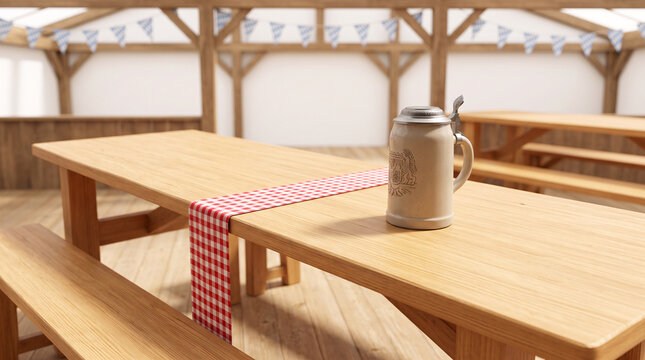 Chope en gr&egrave;s sur une table vide de biergarten d&eacute;cor&eacute;e pour l'Oktoberfest