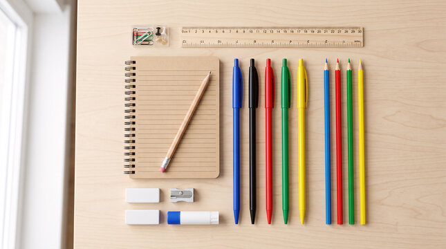 Fournitures scolaires color&eacute;es align&eacute;es avec cahier, crayons et stylos