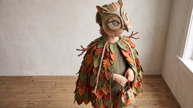 Enfant d&eacute;guis&eacute; en hibou de feuilles d'automne pour Halloween
