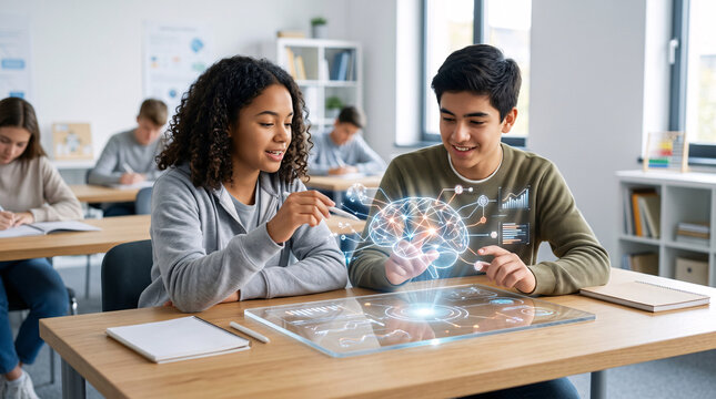 &Eacute;tudiants utilisant une interface holographique d'intelligence artificielle en classe