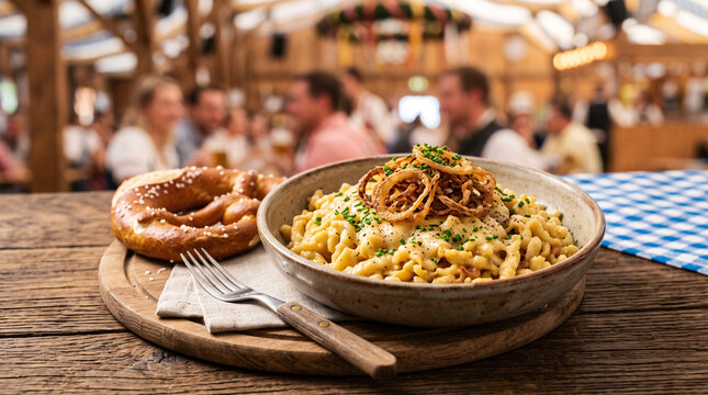 K&auml;sesp&auml;tzle allemands servis avec oignons frits et bretzel &agrave; l'Oktoberfest