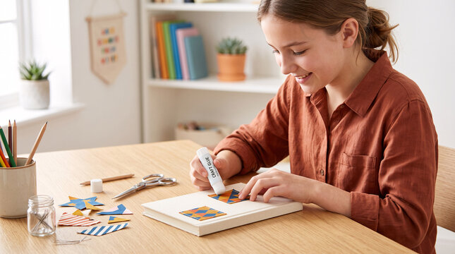 Enfant r&eacute;alisant un collage cr&eacute;atif avec papier color&eacute;, colle et ciseaux