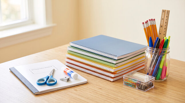 Fournitures de rentr&eacute;e scolaire avec cahiers, crayons, ciseaux et colle