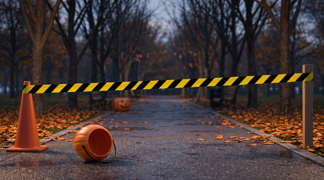 Parcours d&rsquo;Halloween ferm&eacute; par un ruban de s&eacute;curit&eacute; avec seau &agrave; bonbons renvers&eacute;