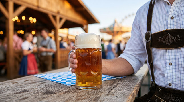 Homme en lederhosen tenant une chope de bi&egrave;re lors de l&rsquo;Oktoberfest