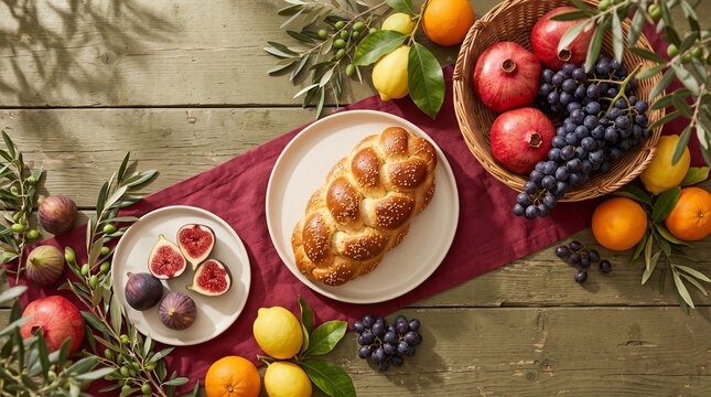 Sukkot harvest table with challah and citrus