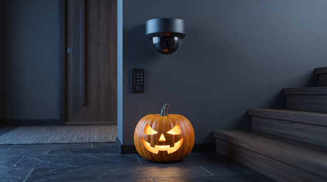 Citrouille d&rsquo;Halloween sous une cam&eacute;ra de surveillance dans une maison connect&eacute;e