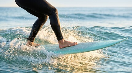 Naklejka premium Surfboard rail slices through golden wave spray