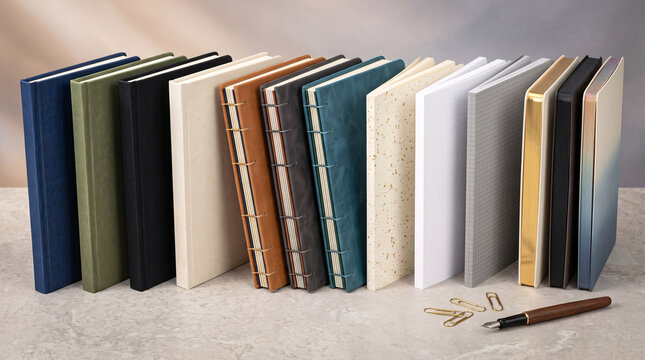 Collection de carnets et cahiers &eacute;l&eacute;gants align&eacute;s avec stylo et trombones