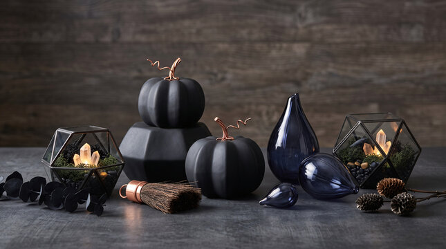 D&eacute;coration d&rsquo;Halloween noire avec citrouilles, cristaux et petit balai