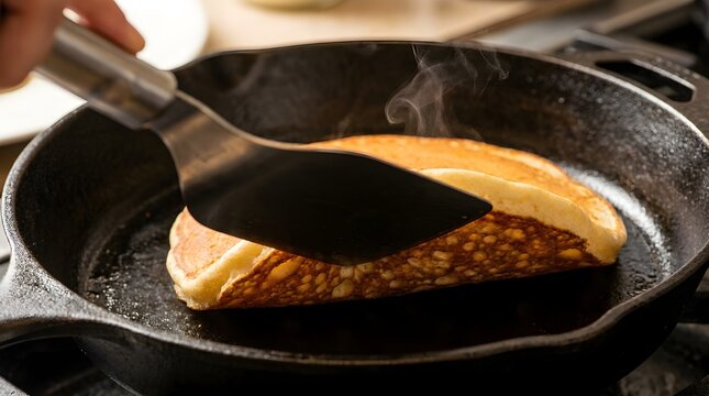 Pancake Spatula Flip Close Up Cast Iron Kitchen Action
