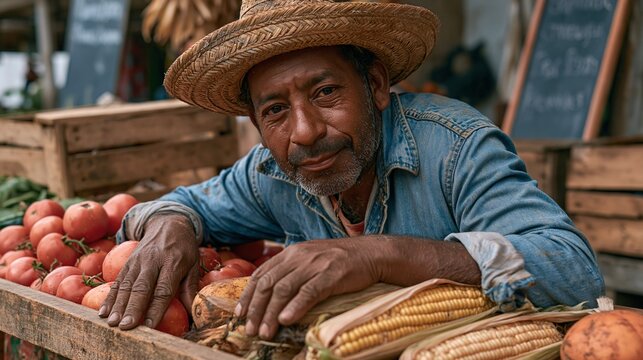 Smiling middle-aged man vendor at outdoor vegetable and fruit market stall