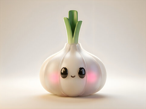 Cute cartoon garlic character with a happy face and pink cheeks 3d render