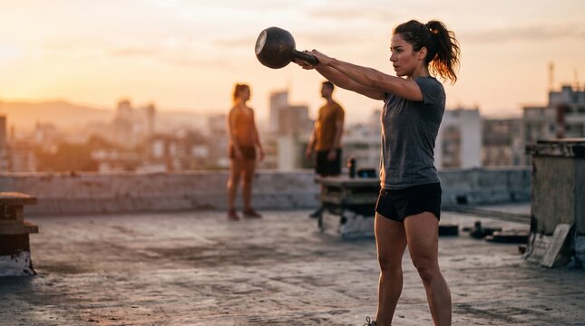 Close view of a kettlebell swing at sunset