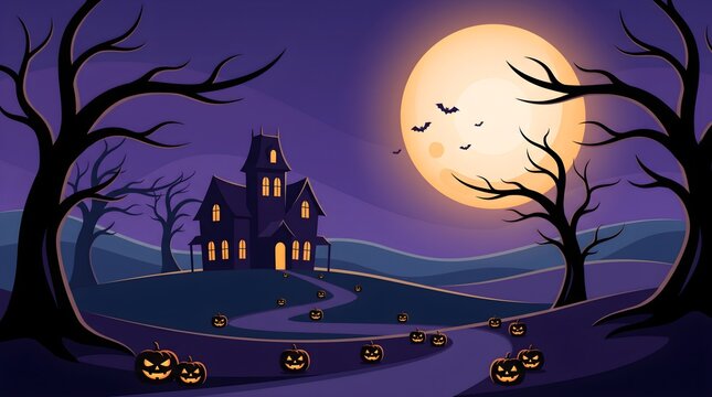 Spooky haunted mansion on a hill under a giant full moon with bare trees and glowing jack o lanterns for halloween night