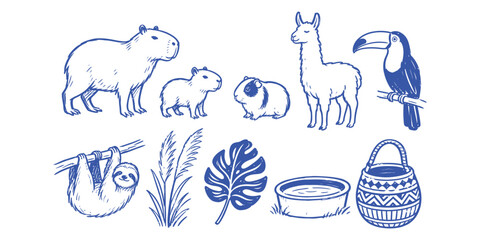 Naklejka premium South American wild animals, exotic tropical flora, and native accessories doodle collection set Vector Illustration
