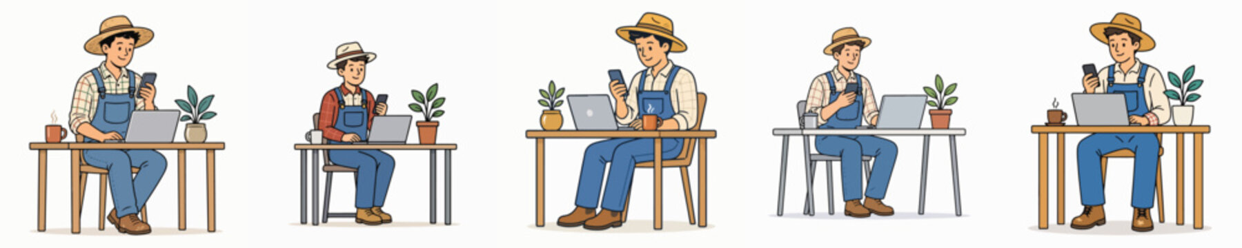 A set of vector illustrations featuring a male farmer working at a counter and using his mobile phone.