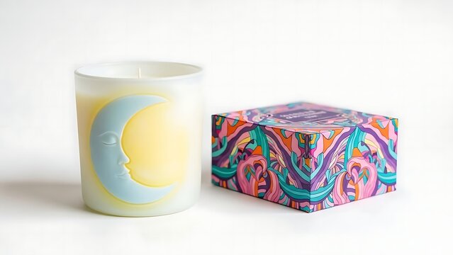 A candle and a box on a white surface