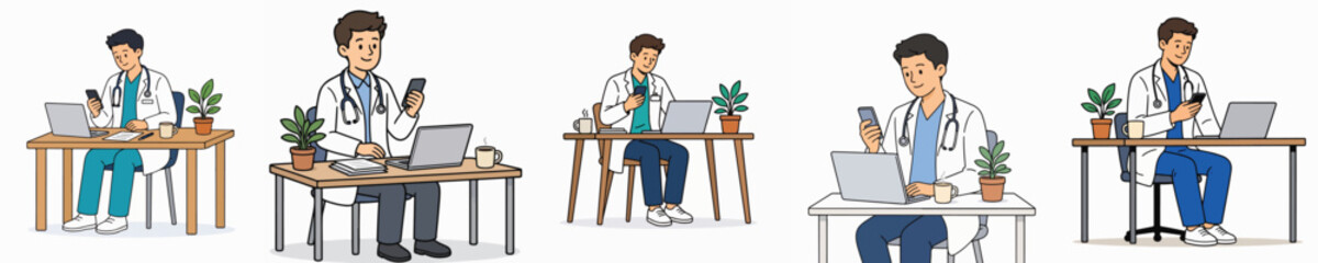 Obraz premium A set of vector illustrations featuring a male doctor working at a counter and using his mobile phone.