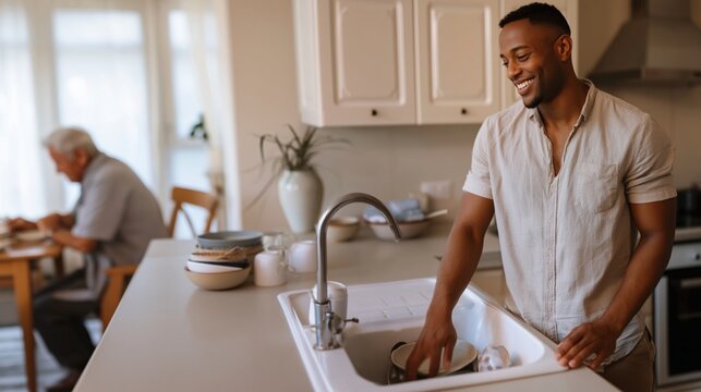 Young Black male caregiver helping an older man wash dishes together in a bright home kitchen