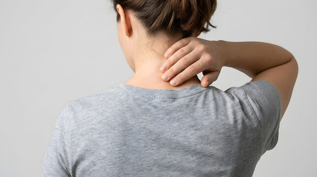 Rear View Of Person Massaging Sore Stiff Neck Muscle
