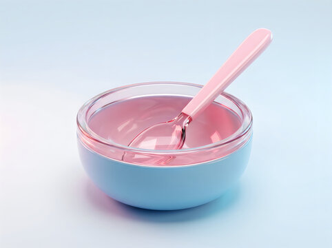 Small blue bowl with a pink plastic spoon for a baby or child meal