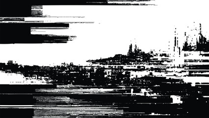Fototapeta premium abstract black and white glitch cityscape with distorted skyline, futuristic urban texture for modern design and creative projects