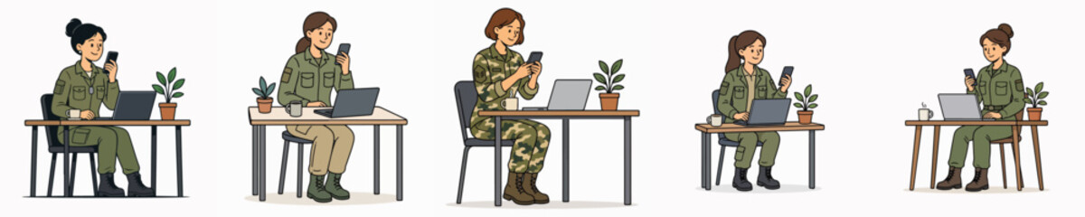 Naklejka premium A set of vector illustrations featuring a female soldier working at a counter and using her mobile phone.