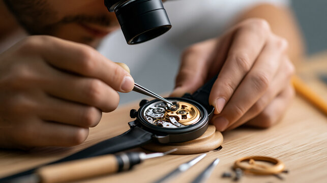 Professional faceless watchmaker using tweezers and magnifying loupe to carefully repair intricate internal gear mechanism of luxury mechanical wristwatch at his workbench, with