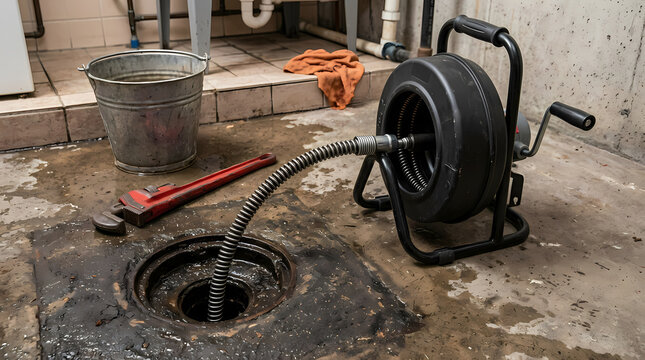 Professional plumber uses an industrial drain snake reel for clearing clogged pipes in a basement floor access point with heavy duty steel pipe wrenches and a metal bucket ready for repairs